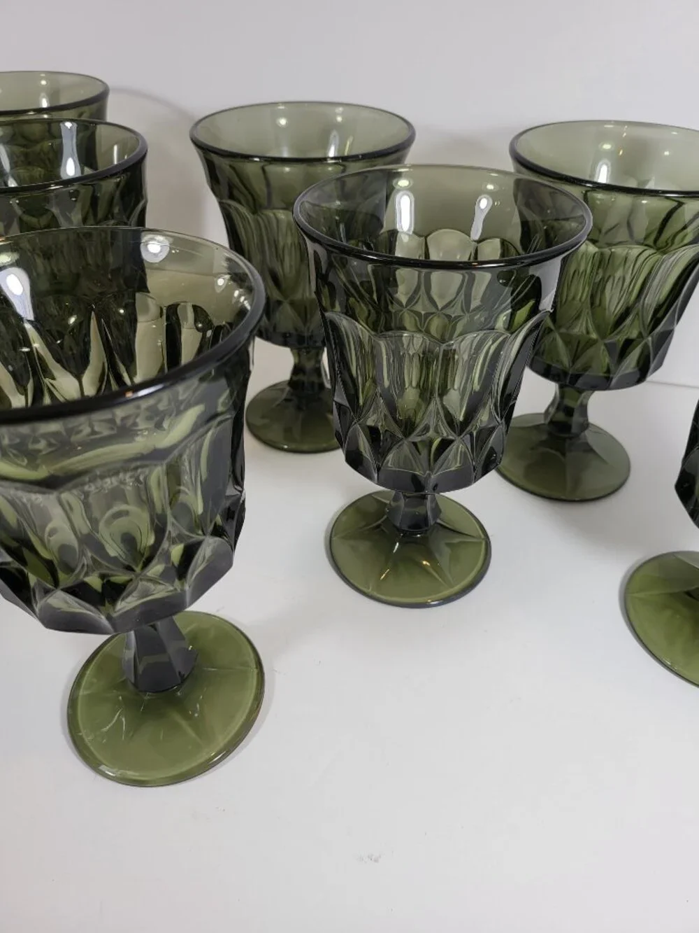 Set of 9(5 Water,4 Wine)1970s Mid Century Modern Avocado Green Pressed Glass Ste
